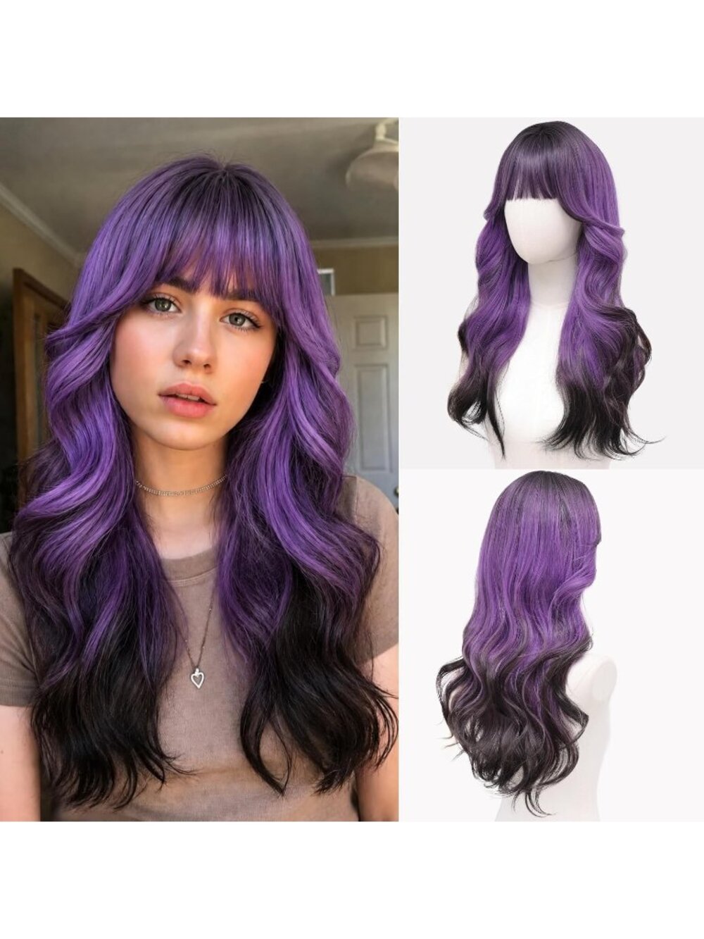 Women Dark Root Violet 24 Inch Long Wavy Heat Resistant Synthetic Hair Wig Bangs